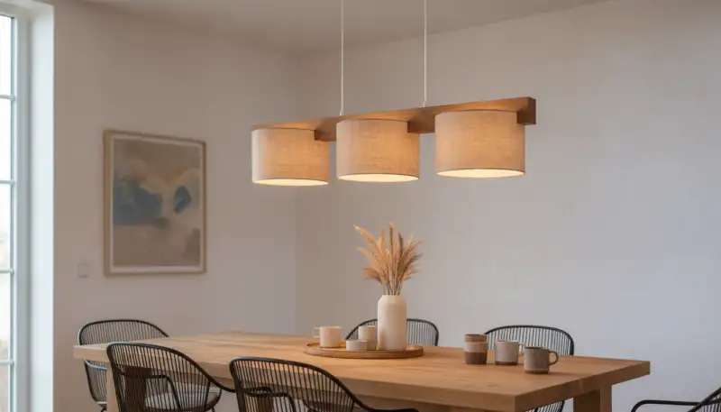 Holz & Stoff über dem Esstisch: Wie diese Pendel-Leuchte Ihr Zuhause in eine Wohlfühloase verwandelt